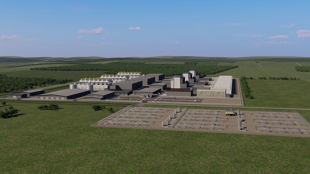 Ilustración de una planta nuclear moderna junto a centros de datos en Indiana