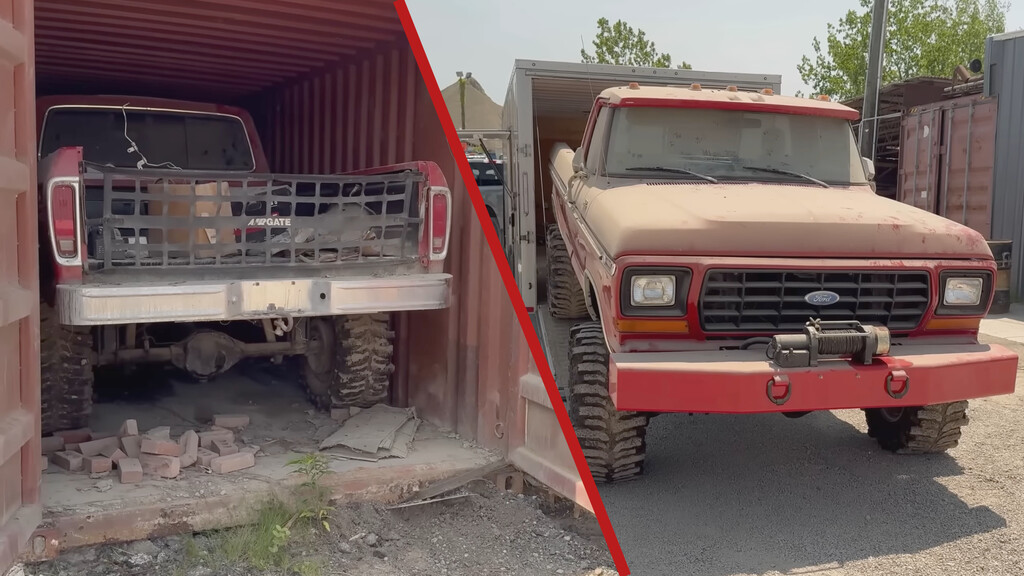 Restauradores trabajando en la reparación de una Ford F-250 de 1978 en un taller especializado
