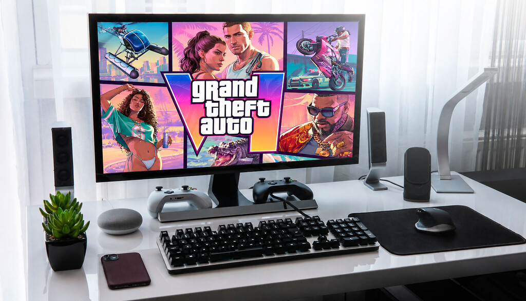 Jugadores en una tienda de videojuegos con pantallas de GTA VI en PC y consola