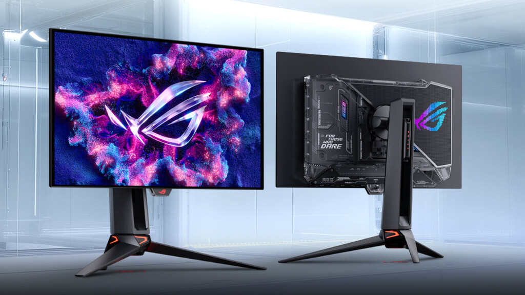 Monitor Asus OLED con pantalla brillante y detalles técnicos en un entorno de oficina moderna